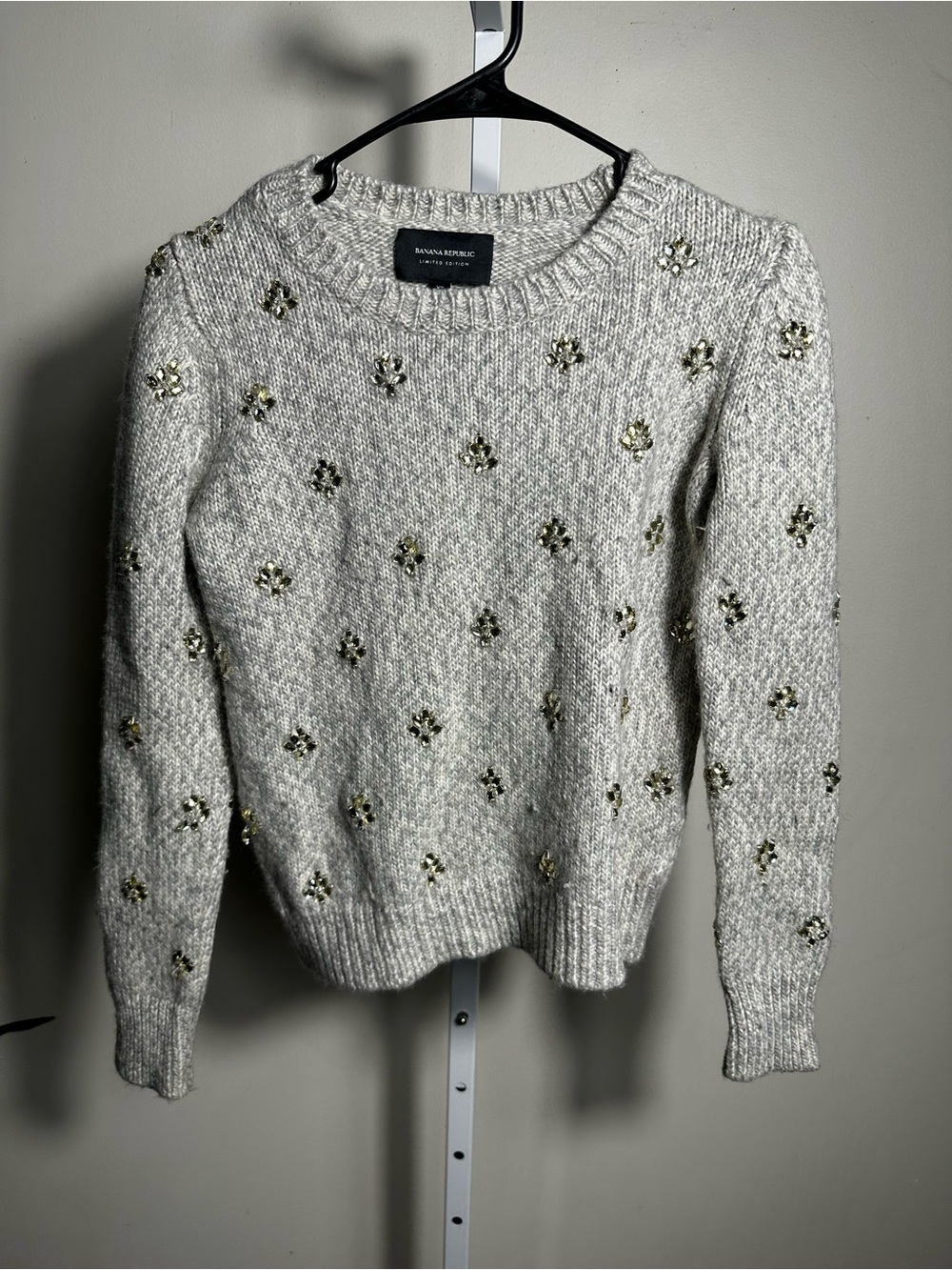S387. Banana Republic Cream Crewneck Sweater with Gold Bead Embellishments